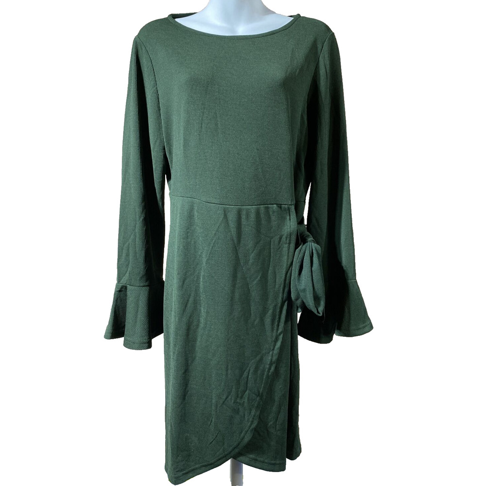 C+D+M Womens Knee Length Dress Size Large Green New NWT Ruffle Long Sleeve